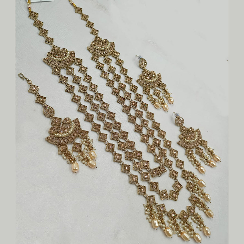 NAFJ Gold Plated Crystal Stone And Beads Long Necklace Set