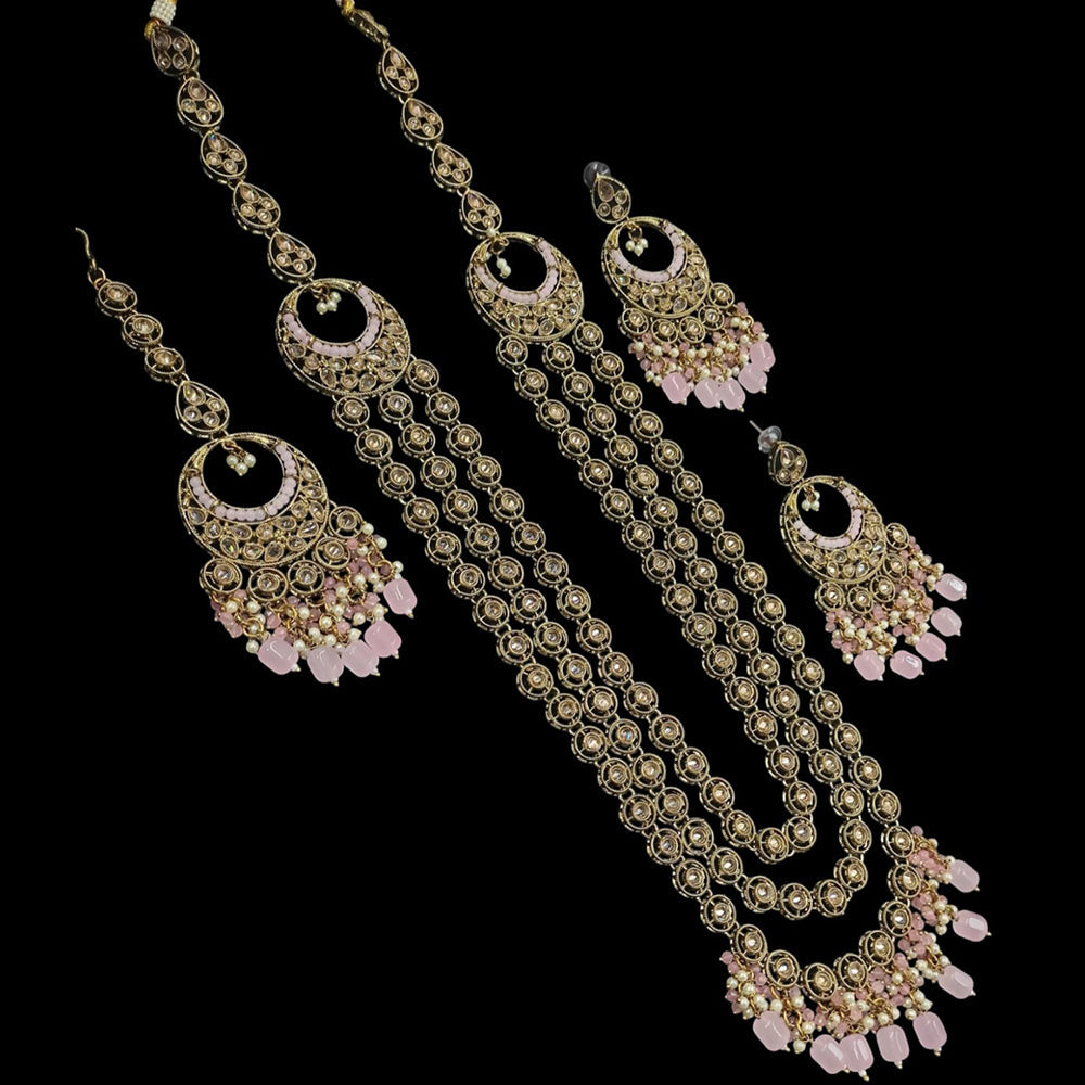NAFJ Gold Plated Crystal Stone And Beads Long Necklace Set