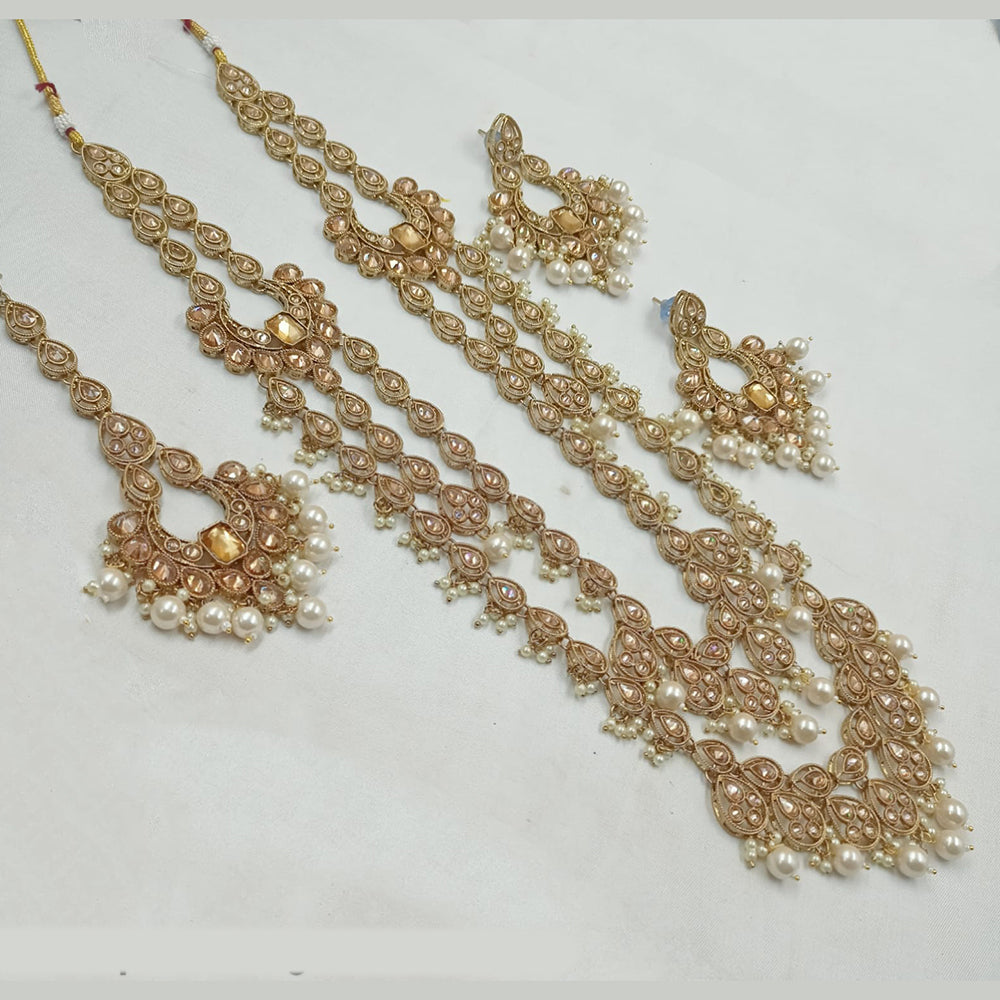 NAFJ Gold Plated Crystal Stone And Beads Long Necklace Set