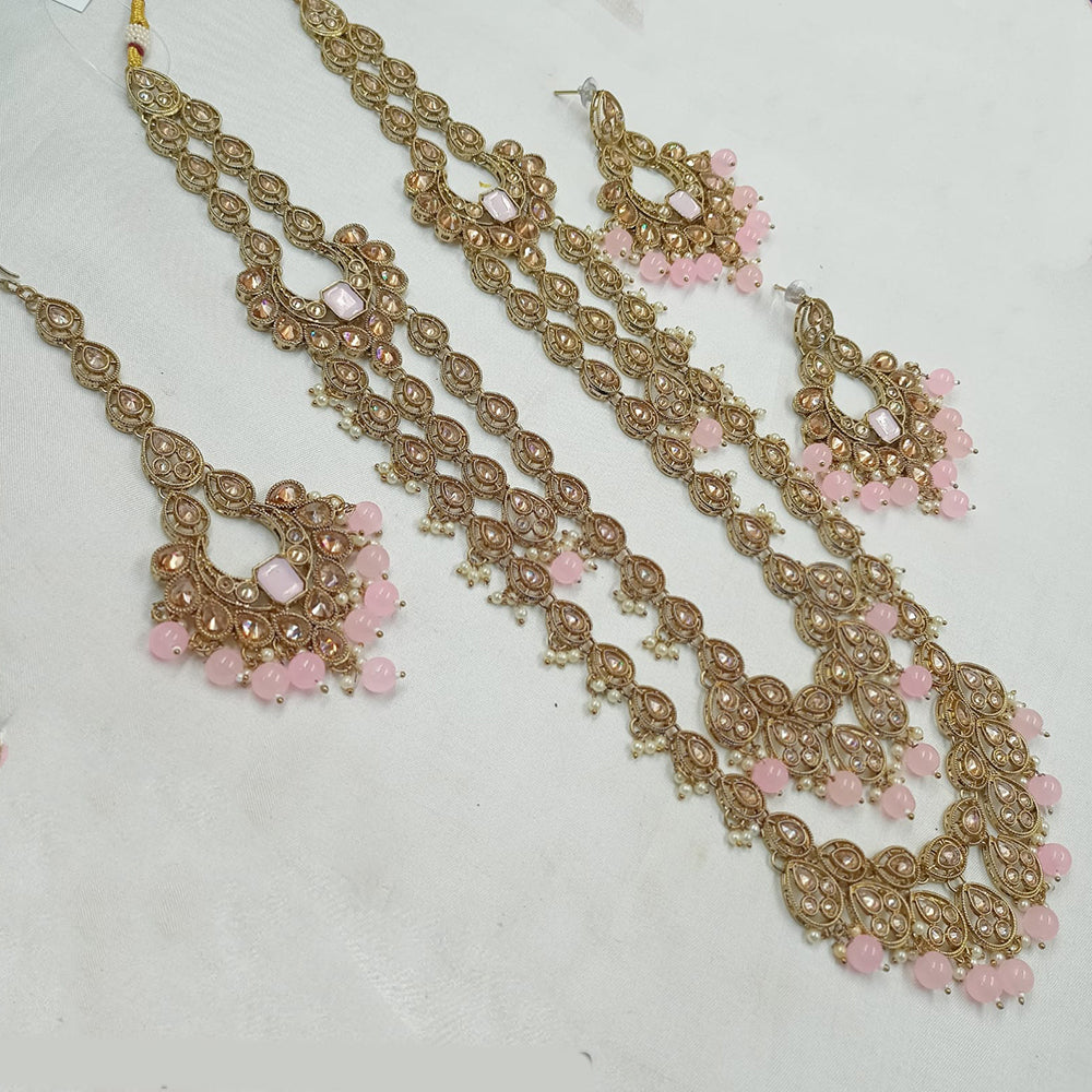 NAFJ Gold Plated Crystal Stone And Beads Long Necklace Set