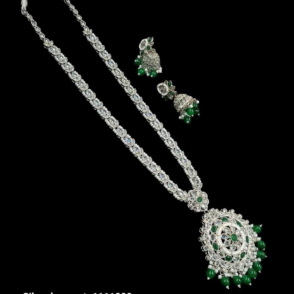 NAFJ Silver Plated Crystal Stone And Beads Long Necklace Set