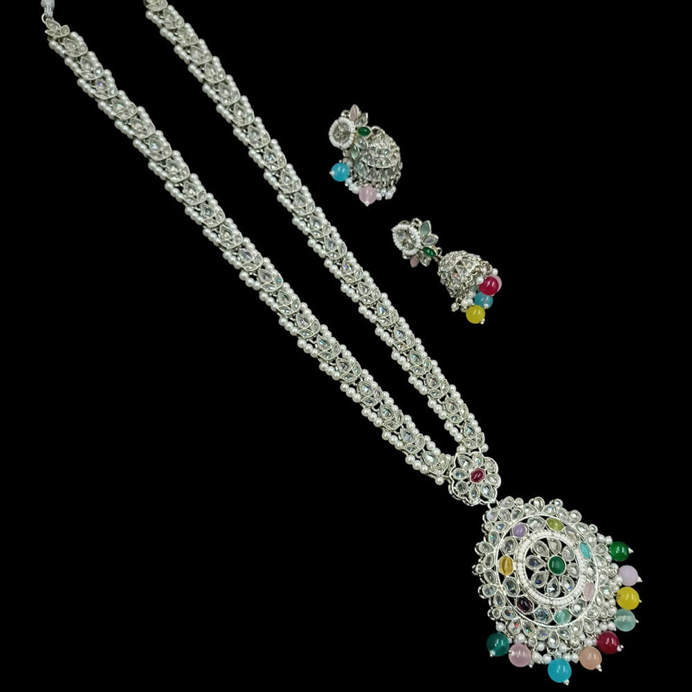 NAFJ Silver Plated Crystal Stone And Beads Long Necklace Set