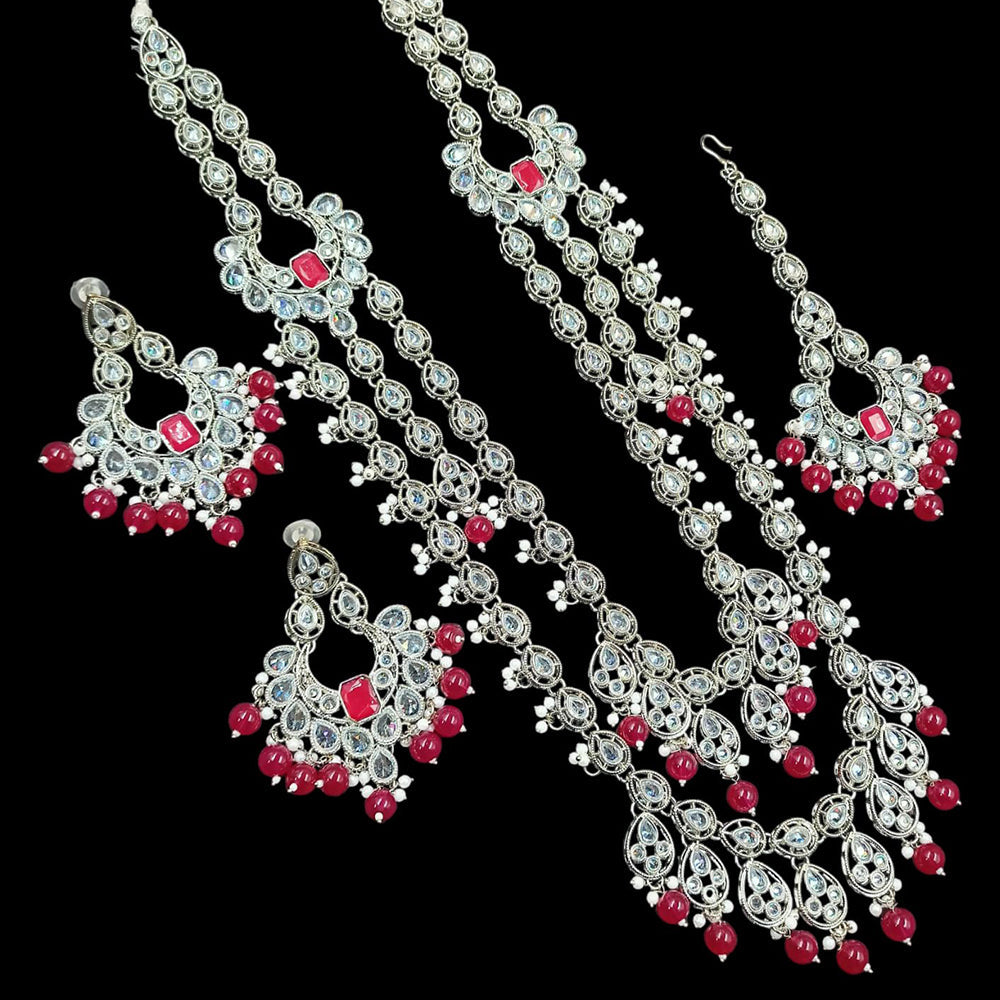 NAFJ Silver Plated Crystal Stone And Beads Long Necklace Set