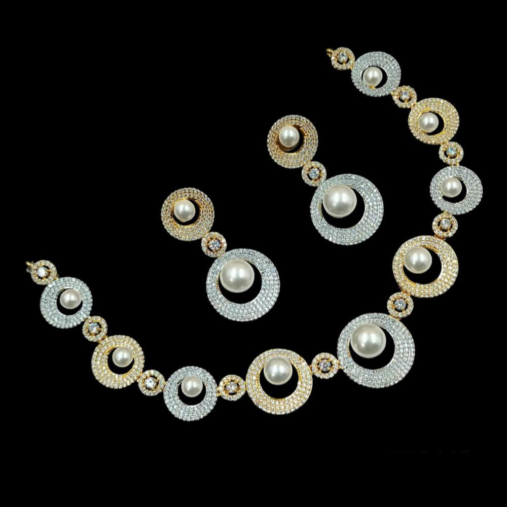 NAFJ Elegant 2 Tone Plated Austrian Stone And Pearl Necklace Set