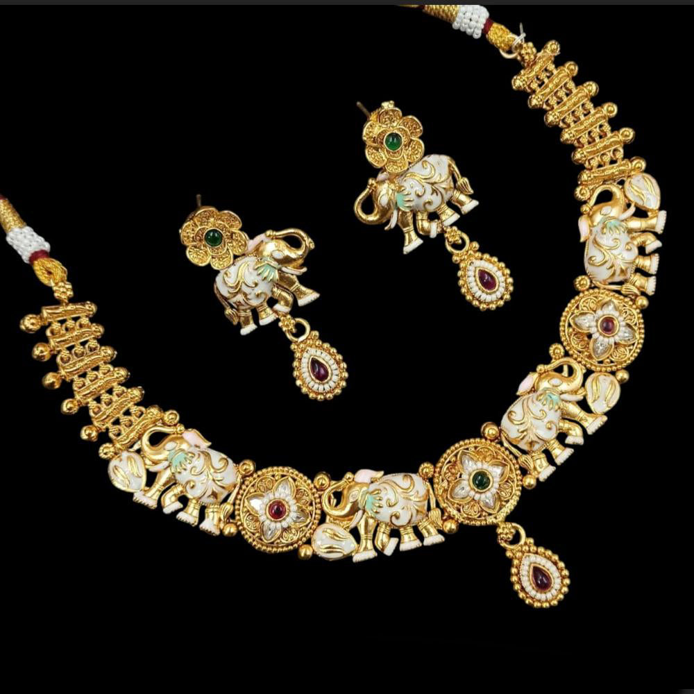 NAFJ Designer Gold Polish Pota Stone And Pearl Meenakari Work Necklace Set
