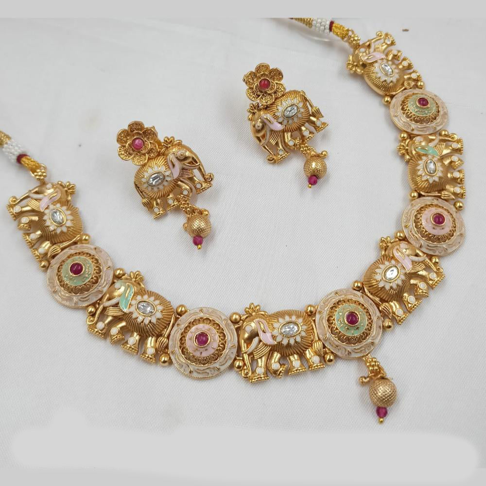 NAFJ Designer Gold Polish Pota Stone And Pearl Meenakari Work Necklace Set