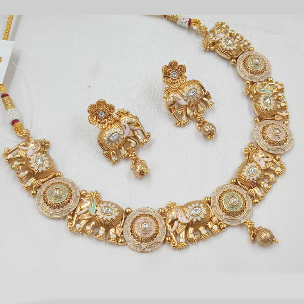 NAFJ Designer Gold Polish Pota Stone And Pearl Meenakari Work Necklace Set