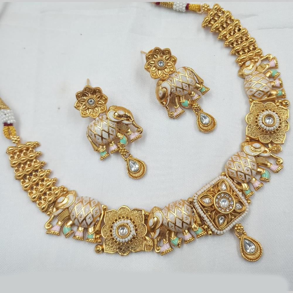 NAFJ Designer Gold Polish Pota Stone And Pearl Meenakari Work Necklace Set