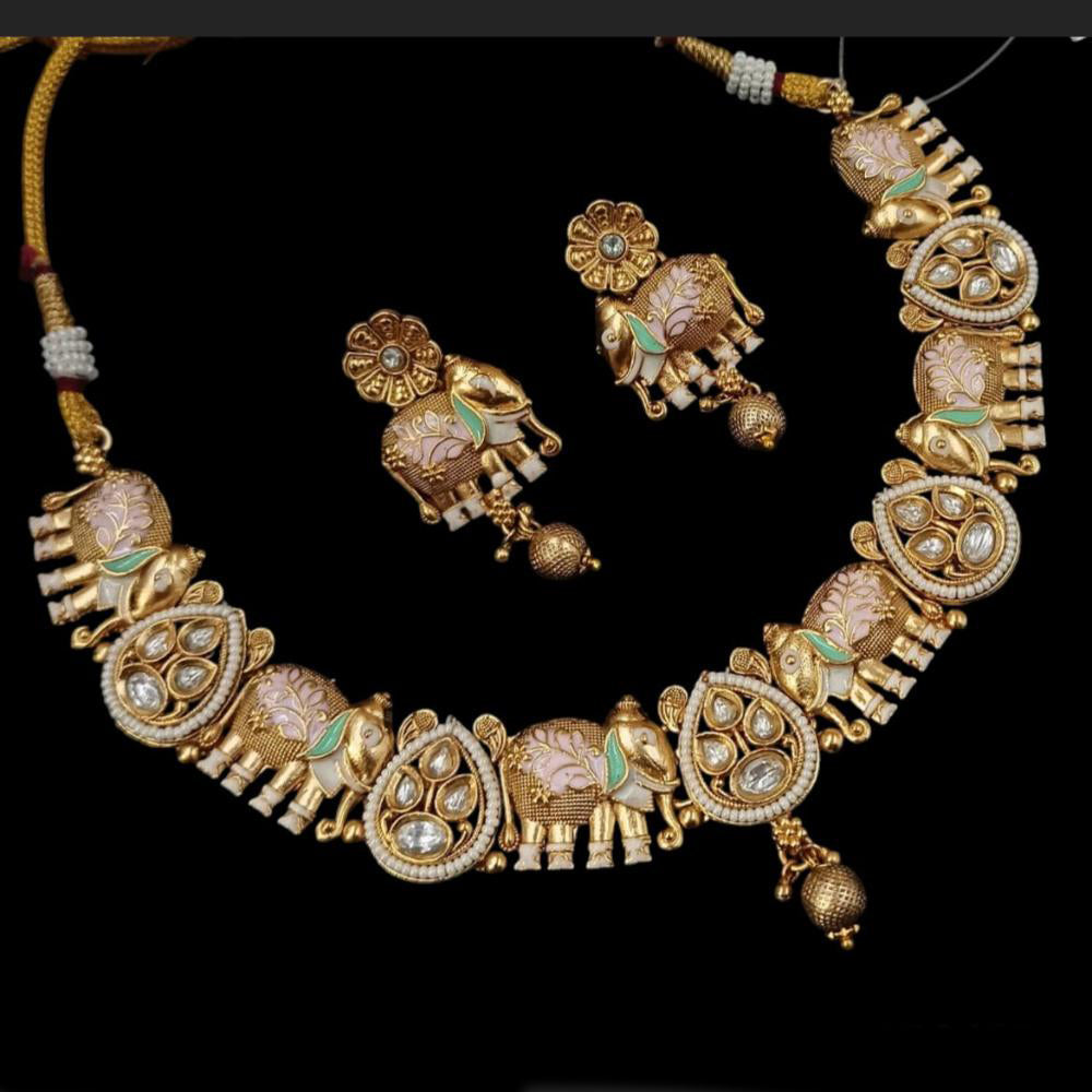 NAFJ Designer Gold Polish Pota Stone And Pearl Meenakari Work Necklace Set