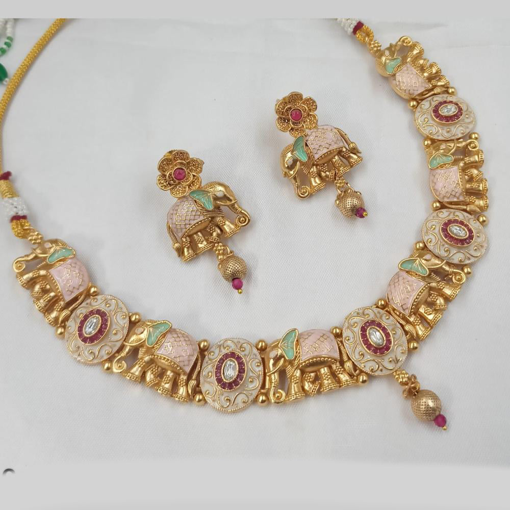 NAFJ Designer Gold Polish Pota Stone And Pearl Meenakari Work Necklace Set