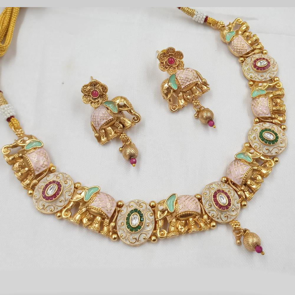 NAFJ Designer Gold Polish Pota Stone And Pearl Meenakari Work Necklace Set