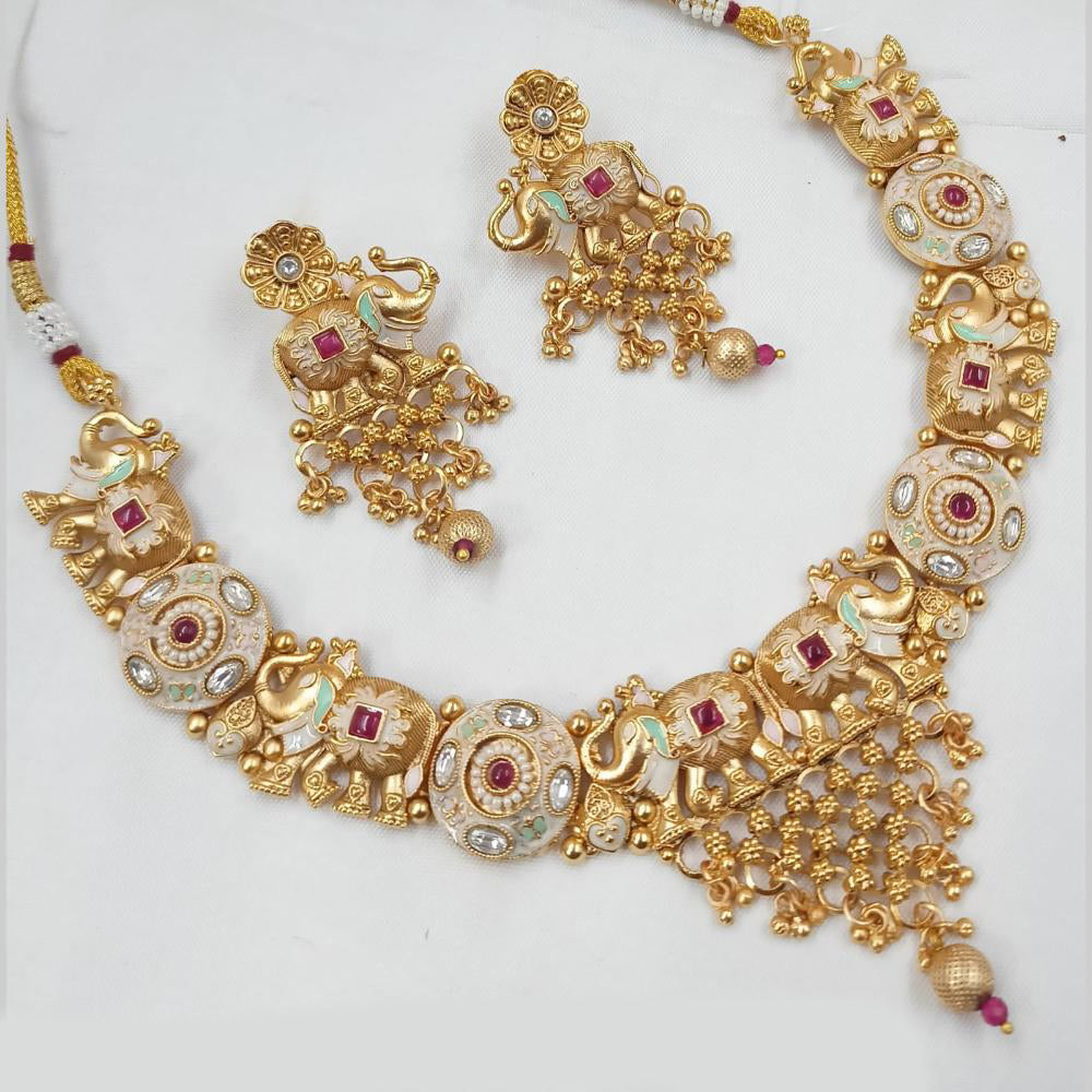 NAFJ Designer Gold Polish Pota Stone And Pearl Meenakari Work Necklace Set