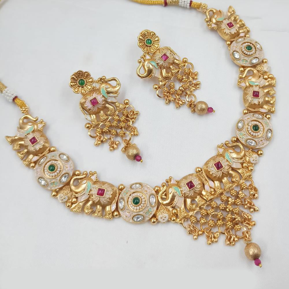 NAFJ Designer Gold Polish Pota Stone And Pearl Meenakari Work Necklace Set