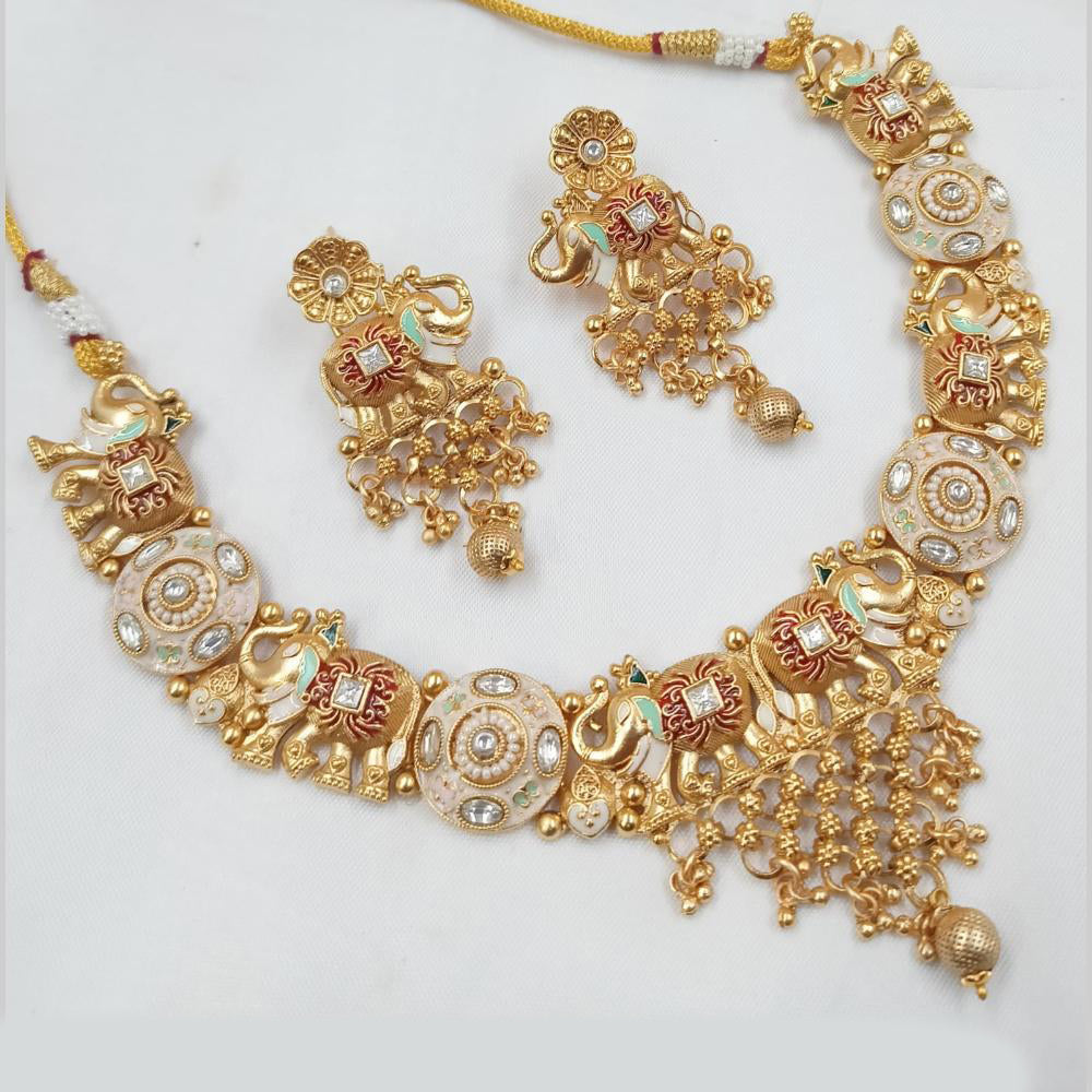 NAFJ Designer Gold Polish Pota Stone And Pearl Meenakari Work Necklace Set