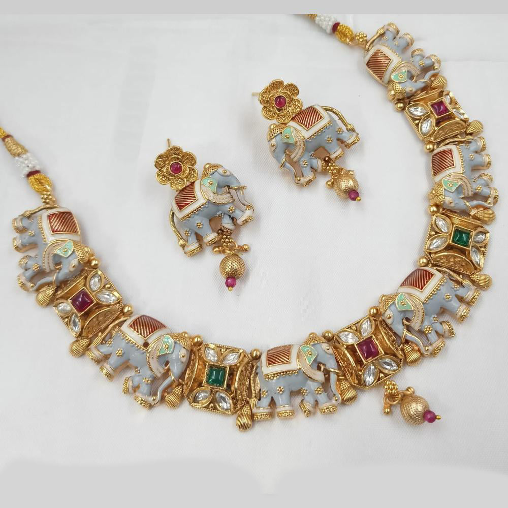 NAFJ Designer Gold Polish Pota Stone And Pearl Meenakari Work Necklace Set