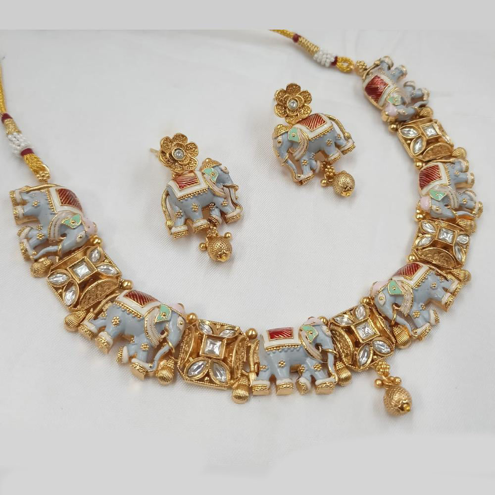 NAFJ Designer Gold Polish Pota Stone And Pearl Meenakari Work Necklace Set