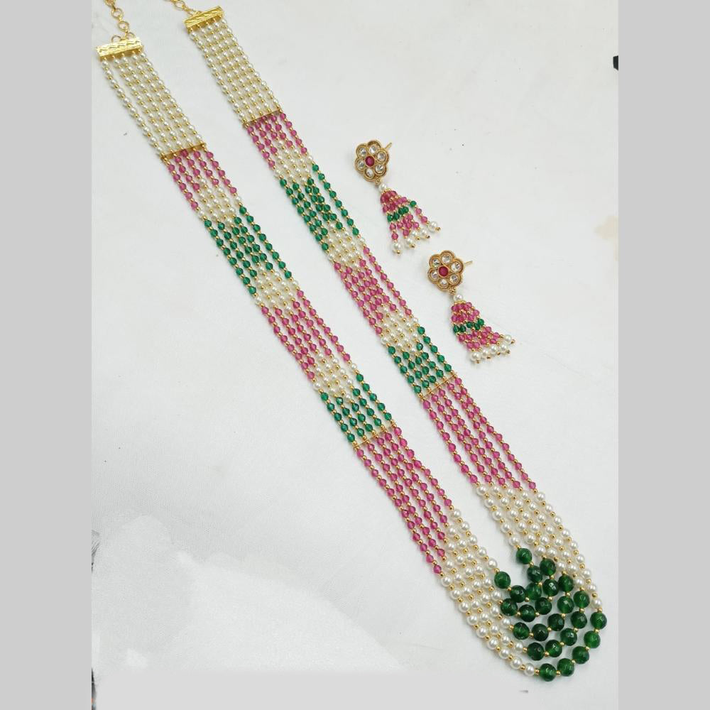 NAFJ Elegant Gold Plated Beads and Pearl  Multi Layered Long Necklace Set