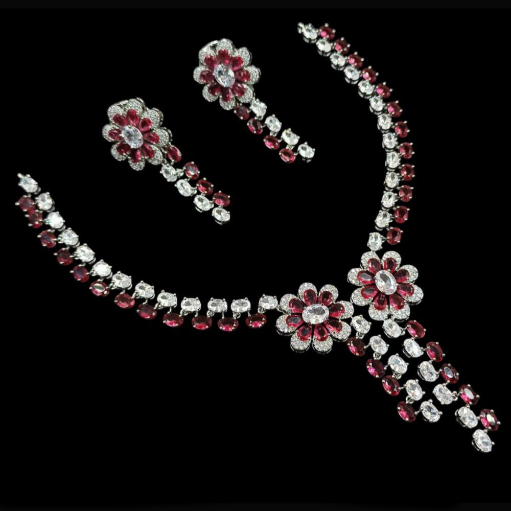 NAFJ Party Wear Silver Plated  Embellished with American Diamonds Necklace Set