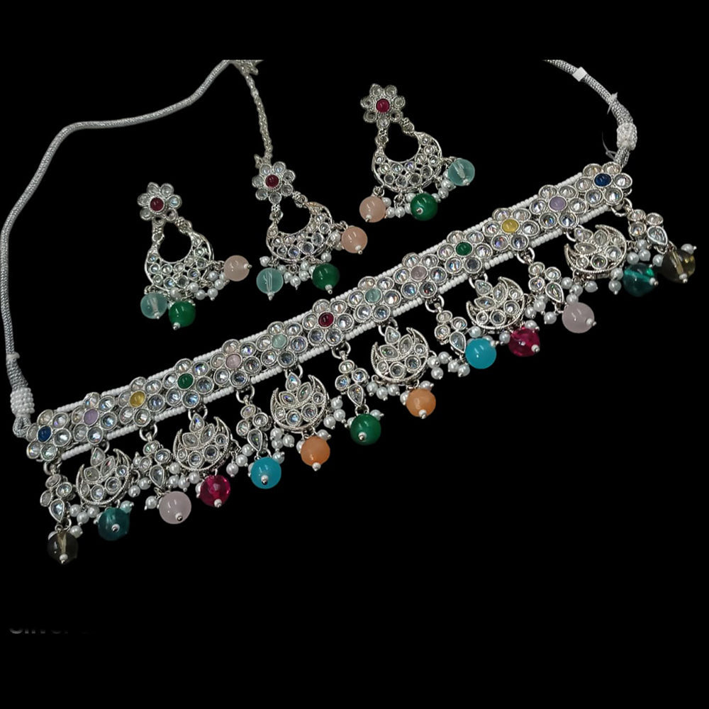 NAFJ Silver Plated Crystal & Pearl  Graceful Charm for Every Occasion Choker Necklace Set