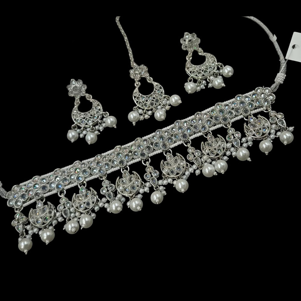 NAFJ Silver Plated Crystal & Pearl  Graceful Charm for Every Occasion Choker Necklace Set