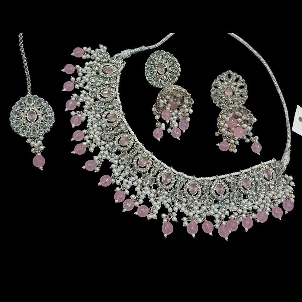 NAFJ Silver Plated Crystal & Pearl  Graceful Charm for Every Occasion Choker Necklace Set