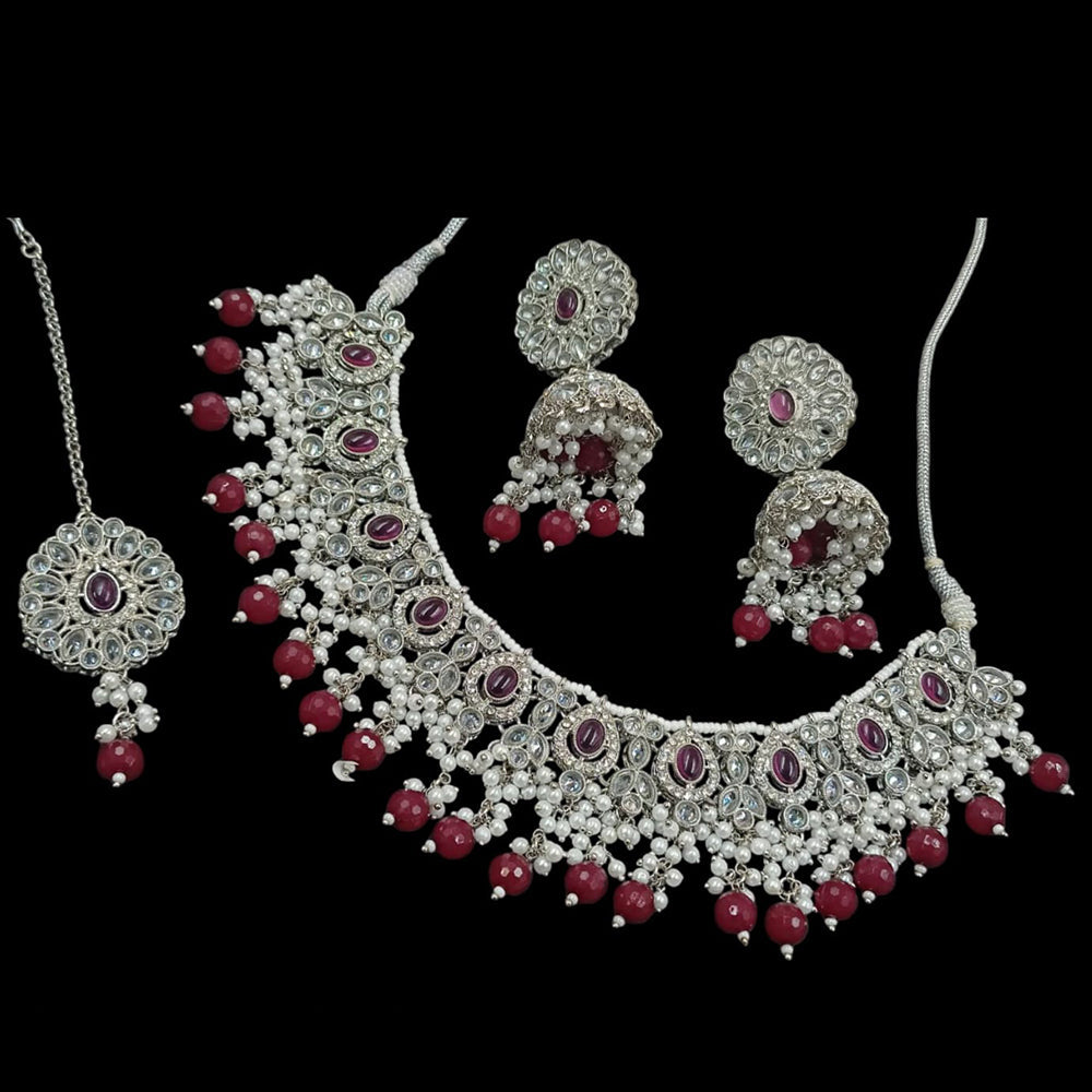 NAFJ Silver Plated Crystal & Pearl  Graceful Charm for Every Occasion Choker Necklace Set