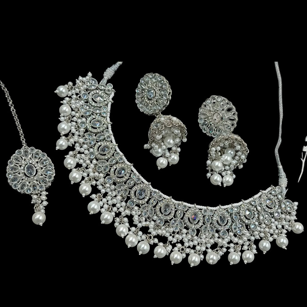 NAFJ Silver Plated Crystal & Pearl  Graceful Charm for Every Occasion Choker Necklace Set