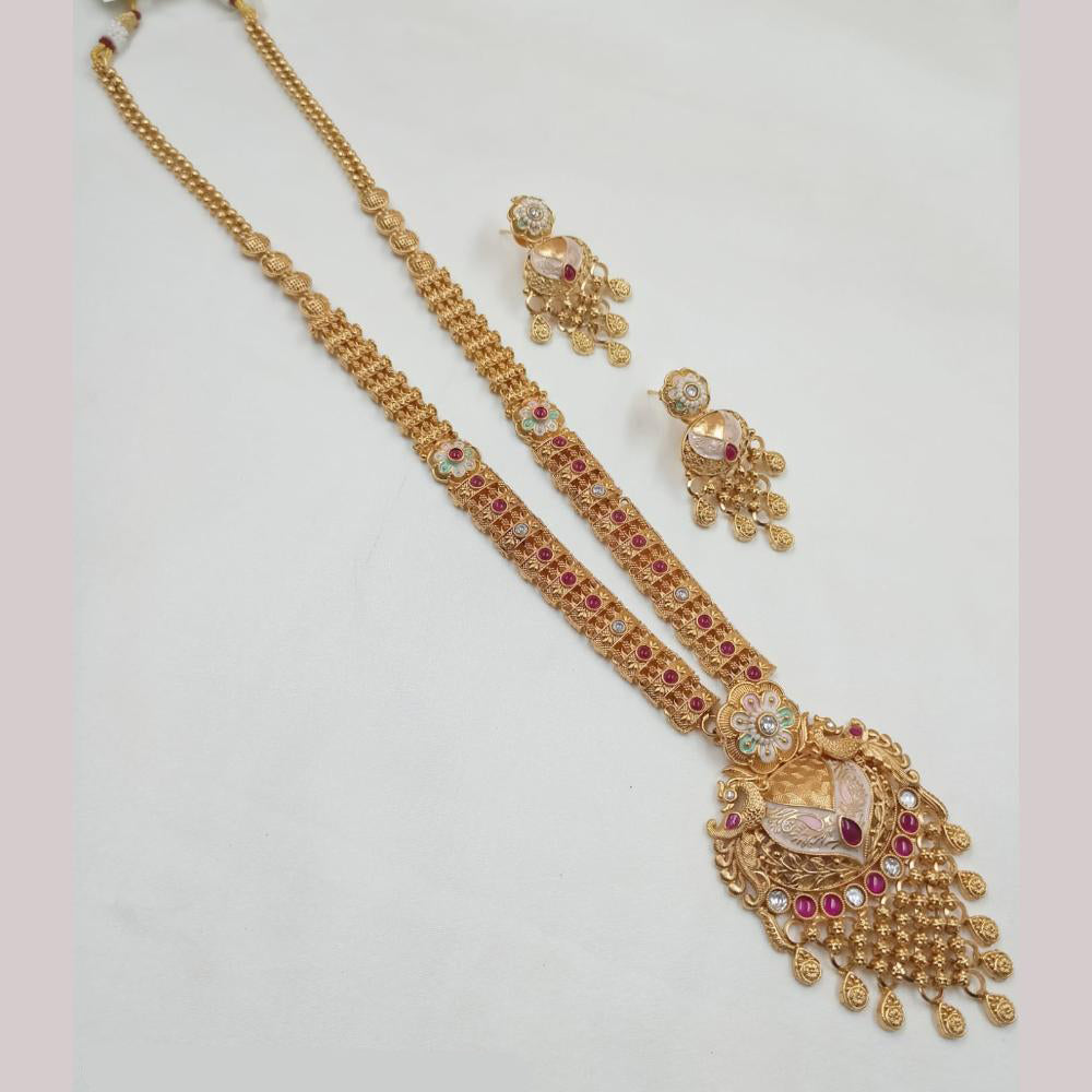 NAFJ Gold Plated Pota Stone And Meenakari Long Necklace Set