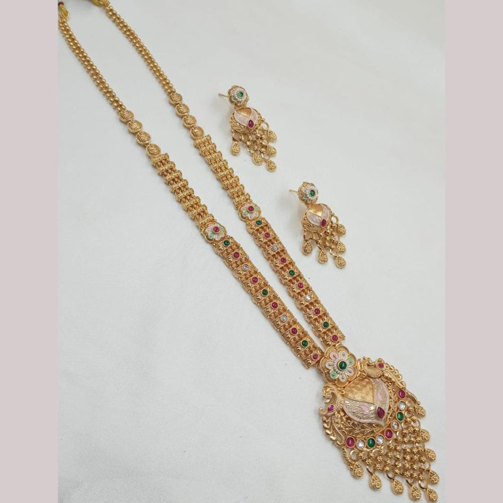 NAFJ Gold Plated Pota Stone And Meenakari Long Necklace Set