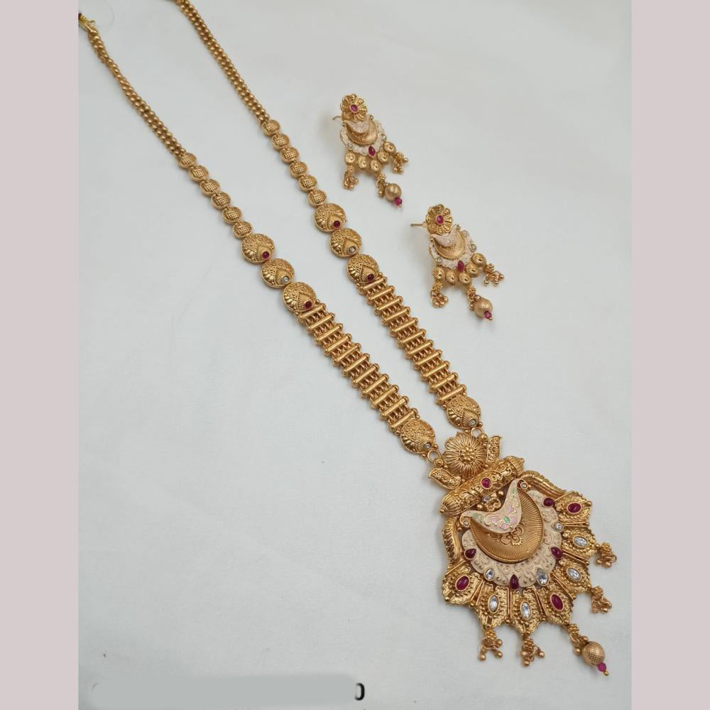NAFJ Gold Plated Pota Stone And Meenakari Long Necklace Set