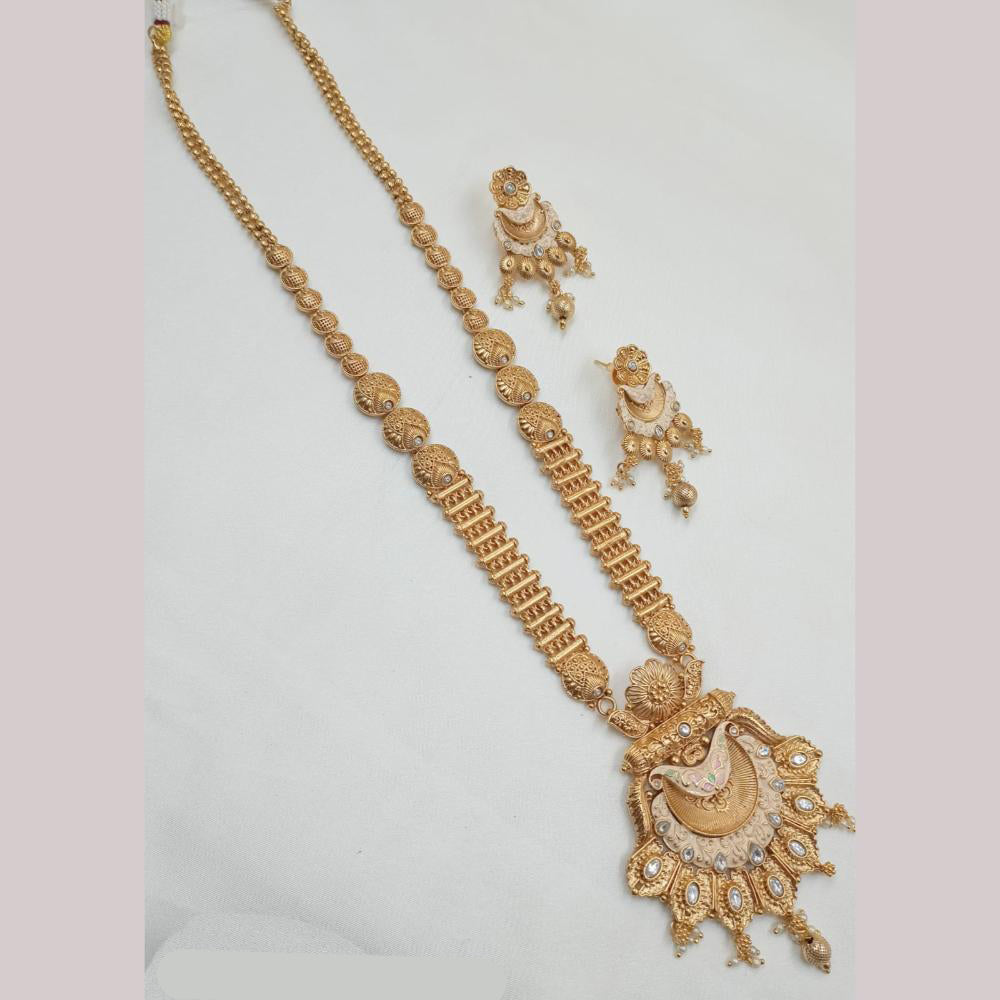 NAFJ Gold Plated Pota Stone And Meenakari Long Necklace Set
