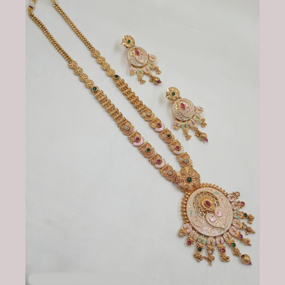 NAFJ Gold Plated Pota Stone And Meenakari Long Necklace Set