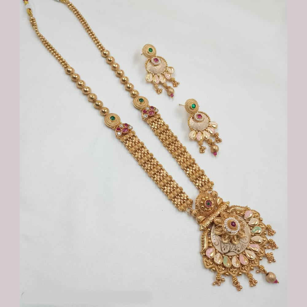 NAFJ Gold Plated Pota Stone And Meenakari Long Necklace Set