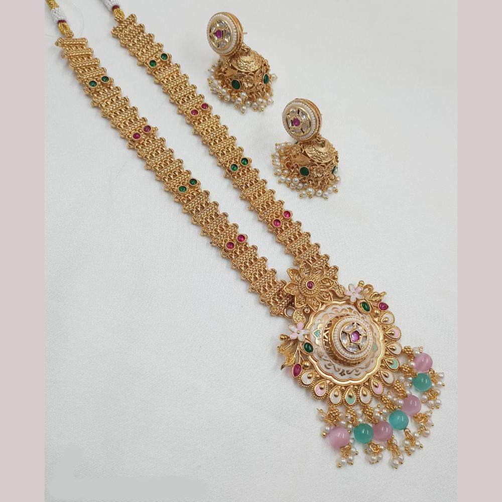 NAFJ Gold Plated Pota Stone And Beads Meenakari Long Necklace Set