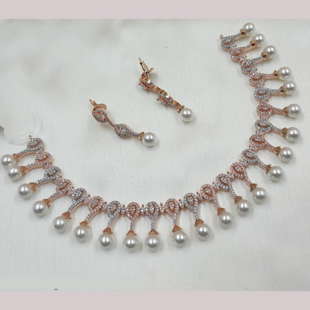 NAFJ 2 Tone Plated Austrian Stone And Pearl Necklace Set