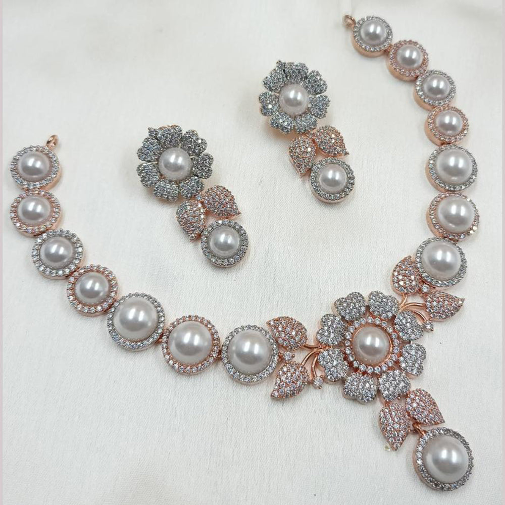 NAFJ 2 Tone Plated Austrian Stone And Pearl Necklace Set