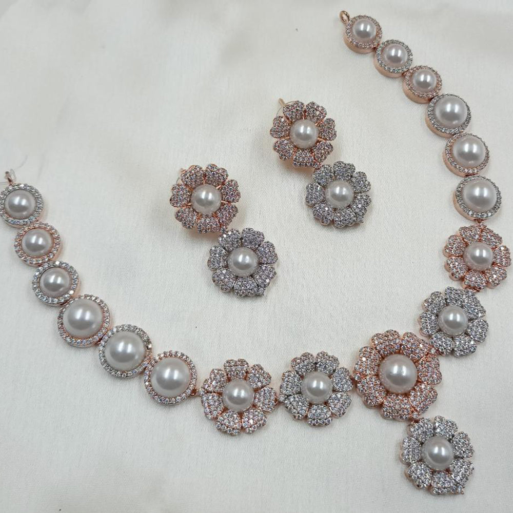 NAFJ 2 Tone Plated Austrian Stone And Pearl Necklace Set