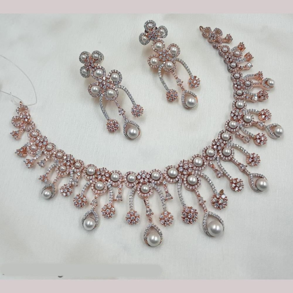 NAFJ 2 Tone Plated Austrian Stone And Pearl Necklace Set
