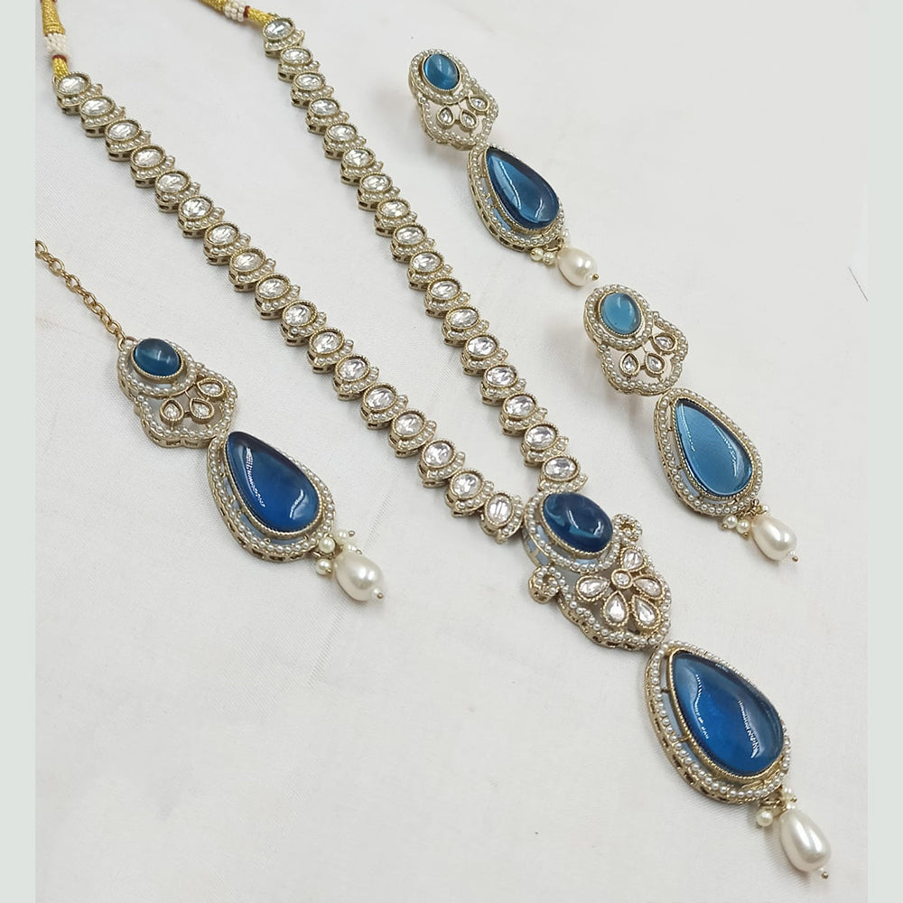NAFJ Gold Plated Kundan Stone And Pota Long Necklace Set