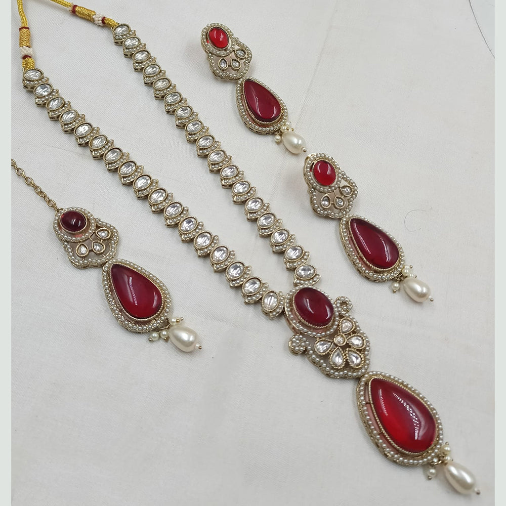 NAFJ Gold Plated Kundan Stone And Pota Long Necklace Set