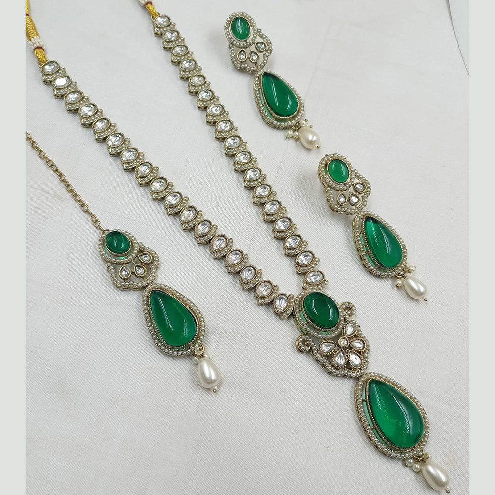 NAFJ Gold Plated Kundan Stone And Pota Long Necklace Set