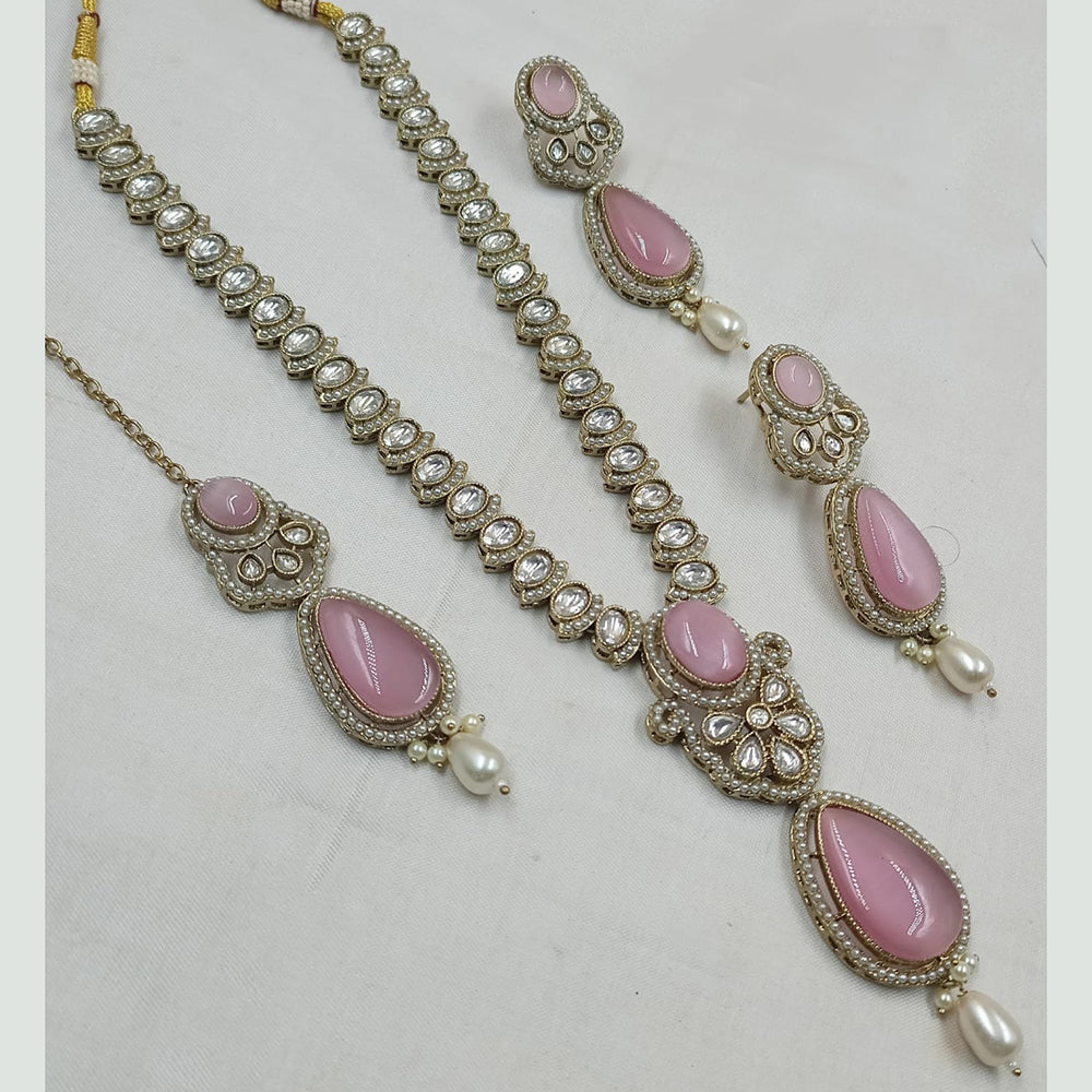 NAFJ Gold Plated Kundan Stone And Pota Long Necklace Set