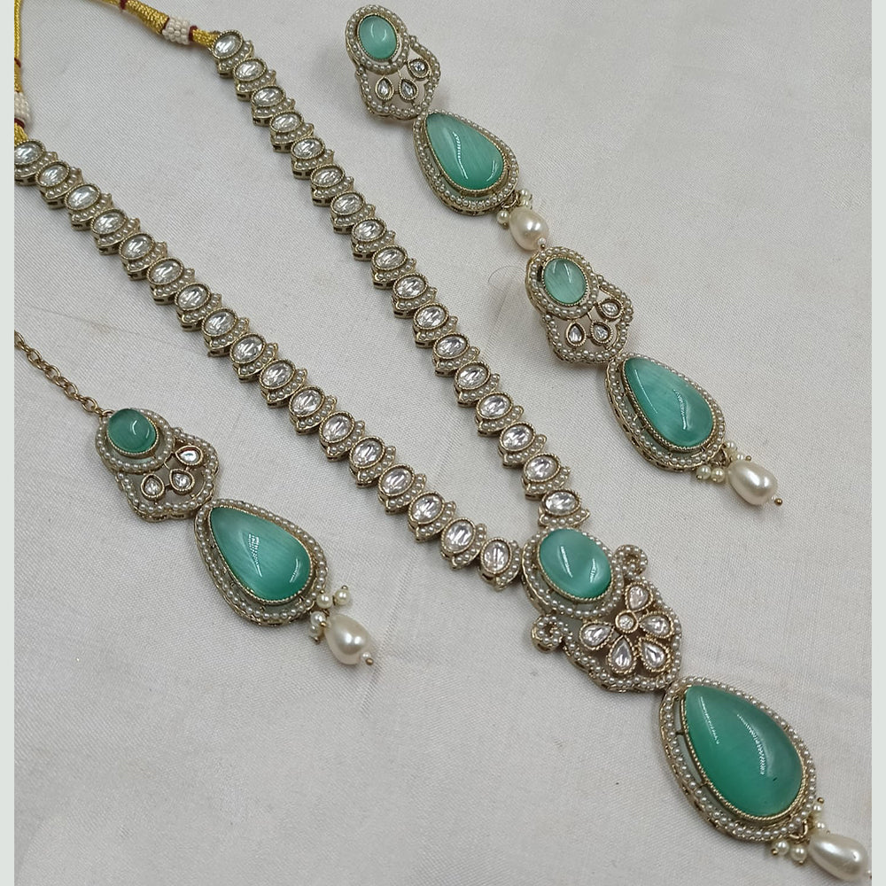 NAFJ Gold Plated Kundan Stone And Pota Long Necklace Set