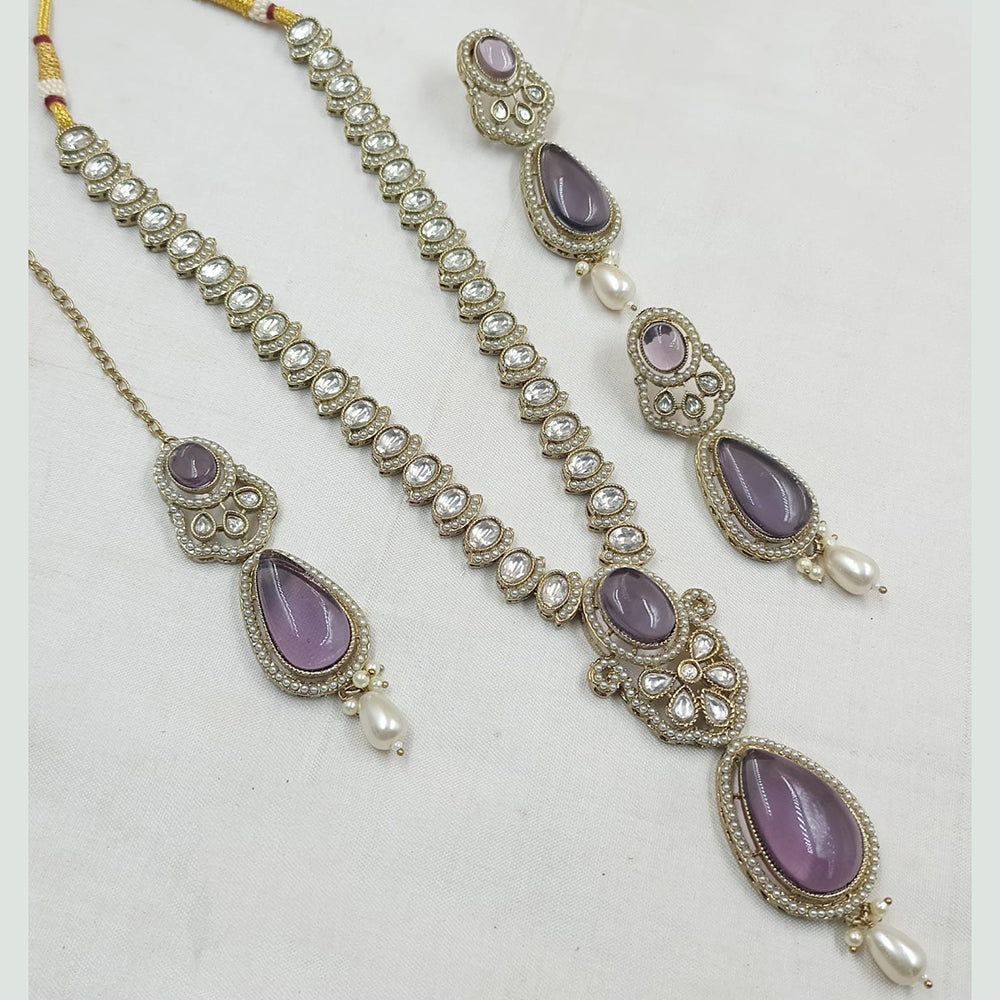 NAFJ Gold Plated Kundan Stone And Pota Long Necklace Set