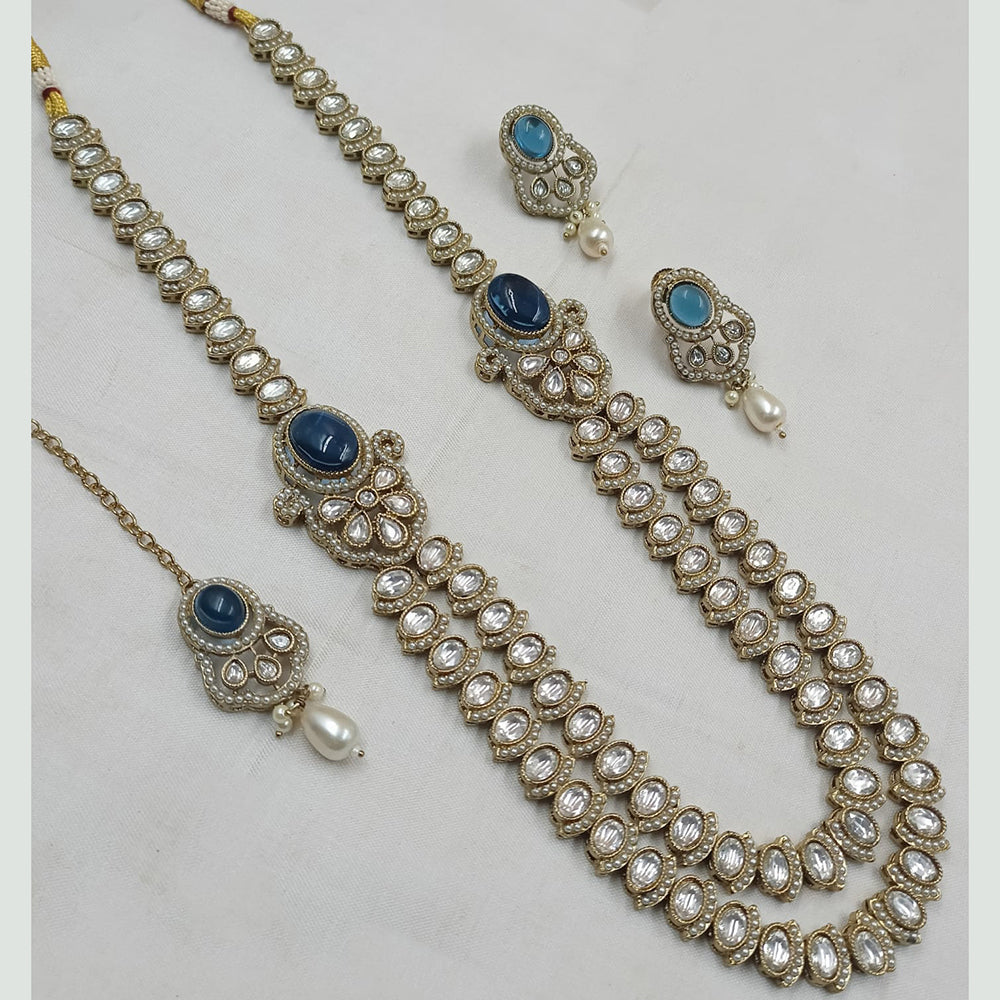 NAFJ Gold Plated Kundan Stone And Pota Long Necklace Set