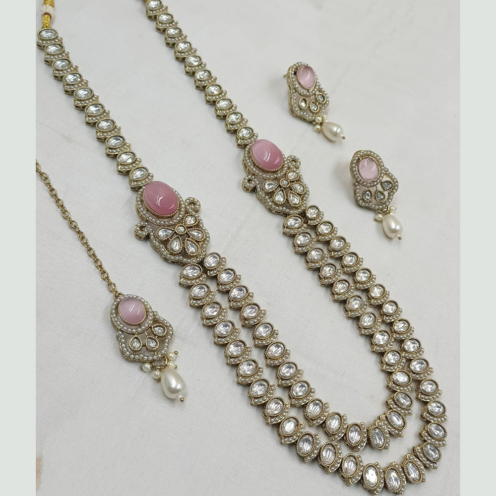 NAFJ Gold Plated Kundan Stone And Pota Long Necklace Set
