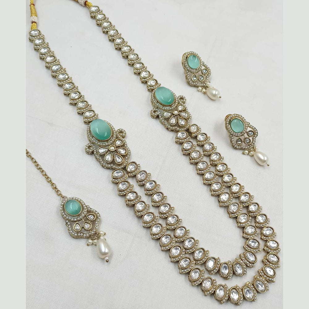 NAFJ Gold Plated Kundan Stone And Pota Long Necklace Set
