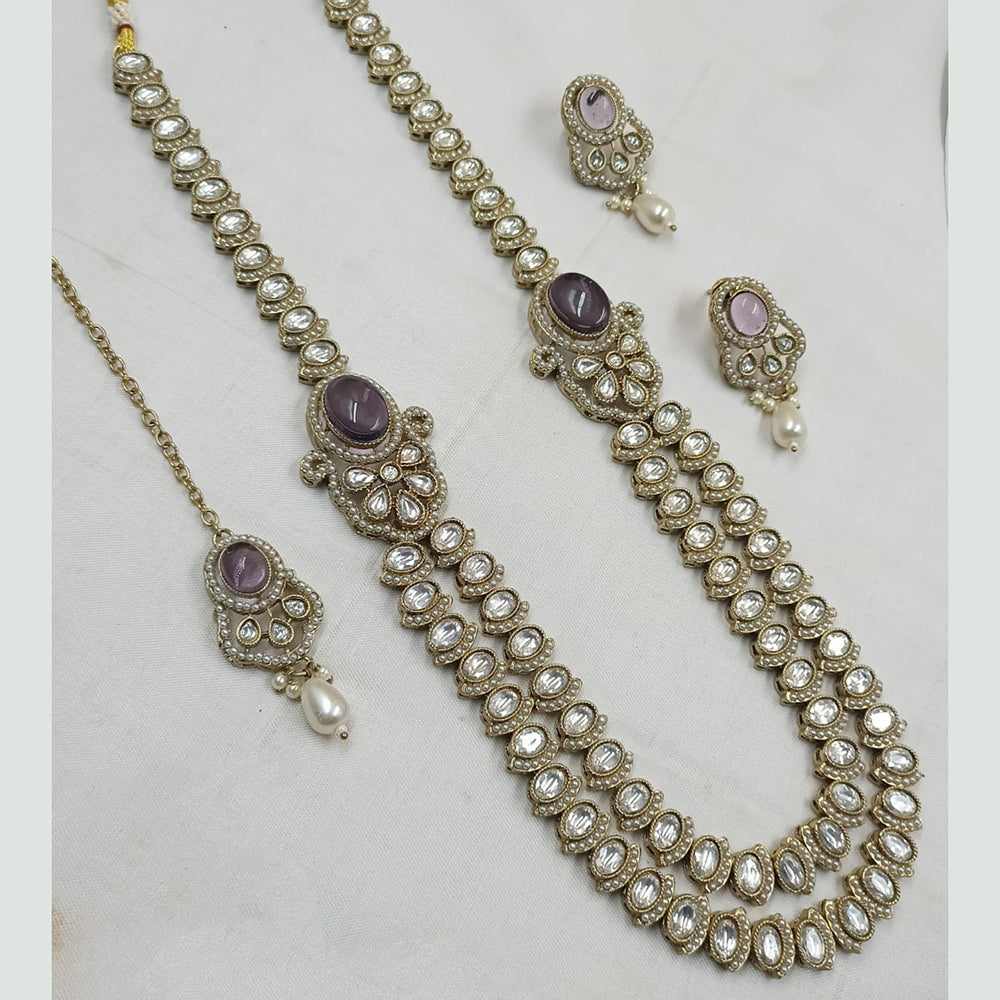 NAFJ Gold Plated Kundan Stone And Pota Long Necklace Set
