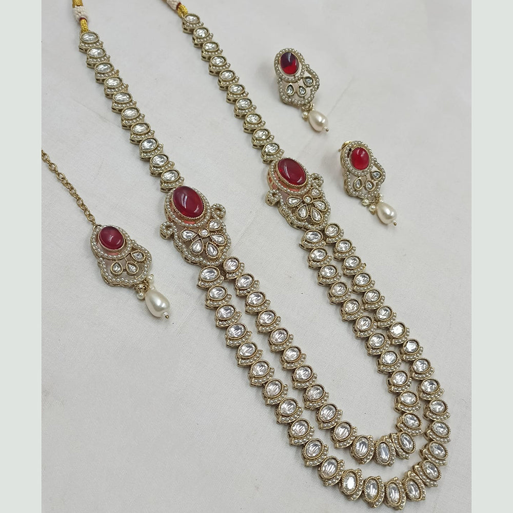NAFJ Gold Plated Kundan Stone And Pota Long Necklace Set
