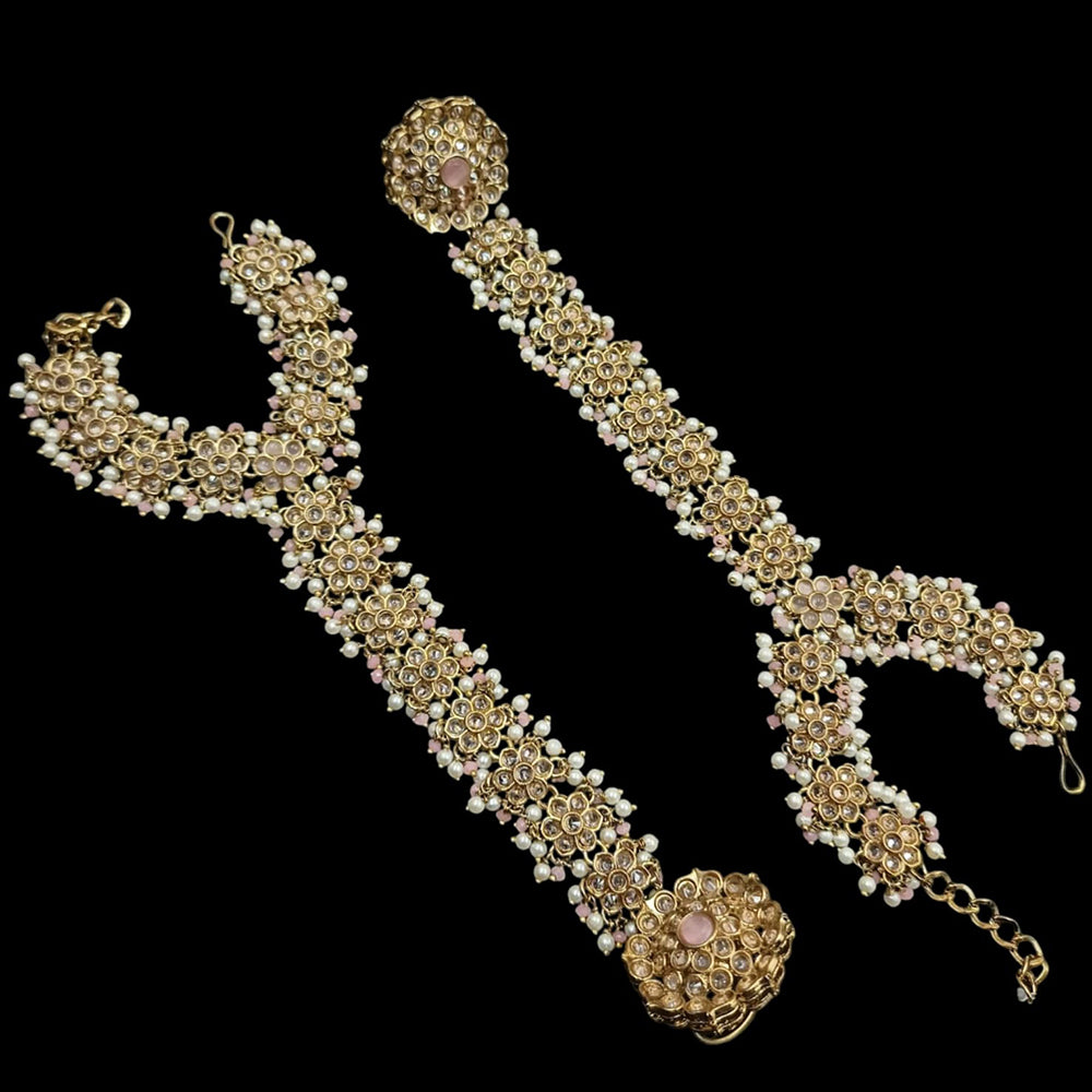 NAFJ Mehndi Plated Crystal Stone And Pearl Hand Harness